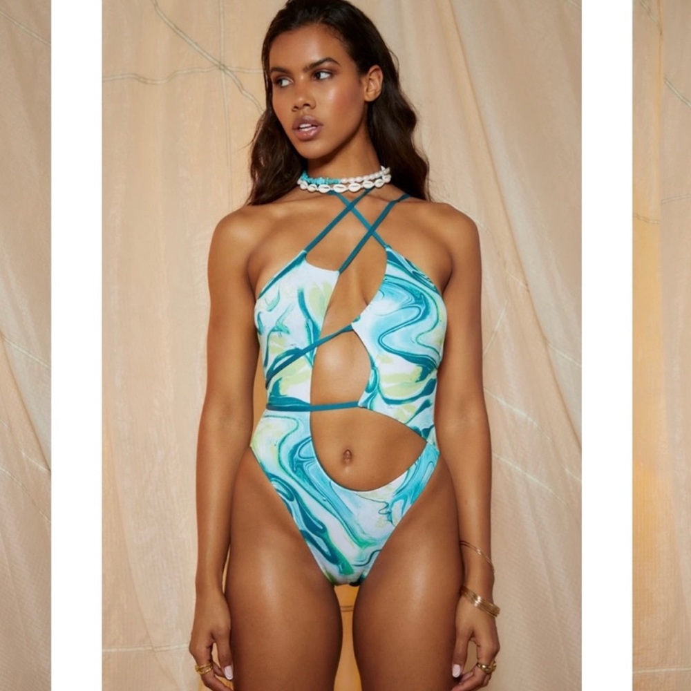 Jaded London Blue / Green / White / Tie-Dye Strappy One Piece Swimsuit